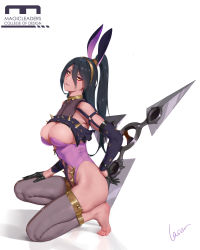 Rule 34 | 1girl, absurdres, ass, barefoot, black gloves, black hair, blush, breasts, chain, cleavage, collar, detached sleeves, earrings, eyeshadow, full body, gloves, hair between eyes, half gloves, headband, highleg, highleg leotard, highres, holding, holding weapon, jewelry, large breasts, laserflip, leggings, leotard, long hair, looking at viewer, makeup, mole, mole on breast, o-ring, on one knee, original, ponytail, purple leotard, purple lips, reflection, shuriken, sidelocks, signature, simple background, skindentation, solo, spiked legwear, thighs, toes, very long hair, weapon, white background, yellow eyes