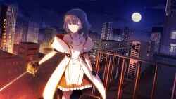 1girl black_gloves building city city_lights cityscape closed_mouth cloud dress fingerless_gloves full_moon game_cg gloves grey_eyes grey_hair holding holding_sword holding_weapon medium_hair moon night night_sky nitta_hirona non-web_source official_alternate_costume official_art outdoors railing rapier sky skyscraper solo standing sword toji_no_miko toji_no_miko:_kizamishi_issen_no_tomoshibi v-shaped_eyebrows weapon white_dress