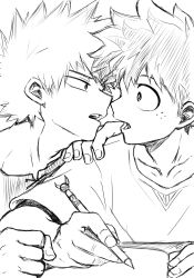 Rule 34 | 2boys, bakugou katsuki, boku no hero academia, collarbone, freckles, greyscale, hand on another&#039;s shoulder, highres, holding, holding pen, imminent kiss, looking at another, male focus, midoriya izuku, monochrome, multiple boys, no control, open mouth, pen, shirt, spiked hair, writing, yaoi