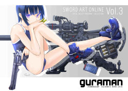 Rule 34 | 1girl, akimoto kouji, artist name, between fingers, black hair, blue footwear, blue one-piece swimsuit, boots, bullet, character request, commentary request, competition school swimsuit, copyright name, covering own mouth, dated, from side, gun, handgun, highres, holding, holding gun, holding weapon, leg up, looking at viewer, mole, mole under eye, one-piece swimsuit, purple eyes, revolver, rifle, school swimsuit, scope, signature, sitting, sniper rifle, solo, straight hair, swimsuit, sword art online, sword art online alternative: gun gale online, trigger discipline, weapon, weapon request