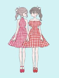 Rule 34 | 2girls, blue background, bow, brown hair, color coordination, dress, earrings, frills, gingham, gingham dress, hair bow, hairstyle coordination, highres, jewelry, light blue background, look-alike, mary janes, matching hairstyle, matching outfits, multiple girls, necklace, original, outfit connection, outfit coordination, pearl necklace, plaid, plaid dress, ponytail, puffy short sleeves, puffy sleeves, red dress, red footwear, rikuwo, shoes, short sleeves, siblings, simple background, sleeveless, sleeveless dress, twins, white bow