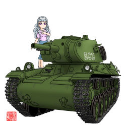 Rule 34 | blouse, blue skirt, cannon, curly hair, drill hair, gun, hand on own chest, headband, idolmaster, idolmaster (classic), jewelry, long hair, long skirt, m.wolverine, machine gun, military, necklace, pearl necklace, pink shirt, purple eyes, shijou takane, shirt, signature, skirt, stridsvagn m/42, tank turret, vehicle focus, weapon, white background, white hair