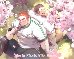 Rule 34 | 2boys, ^ ^, back-to-back, bara, blush, bulge, cherry blossoms, closed eyes, couple, english text, facial hair, facial scar, from above, goatee, goatee stubble, green shorts, hanami, happy, highres, holding hands, interlocked fingers, large pectorals, leggings under shorts, leoandaslan (leobongnana), long sideburns, male focus, multiple boys, muscular, muscular male, nervous sweating, pectorals, protagonist 3 (housamo), scar, scar on cheek, scar on face, short hair, shorts, shy, sideburns, sparse stubble, spoken blush, stubble, sunlight, sweat, tamamura gunzo, thick eyebrows, tokyo houkago summoners, tree, v-shaped eyebrows, yaoi