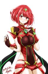 Rule 34 | 1girl, 2019, armor, artist name, blush, breasts, commentary request, covered navel, dated, earrings, fingerless gloves, gem, gloves, hair ornament, headpiece, highres, hisin, jewelry, large breasts, looking at viewer, matching hair/eyes, nintendo, pyra (xenoblade), red eyes, red hair, red shorts, short hair, short shorts, shorts, shoulder armor, signature, simple background, smile, solo, swept bangs, thighhighs, tiara, white background, xenoblade chronicles (series), xenoblade chronicles 2