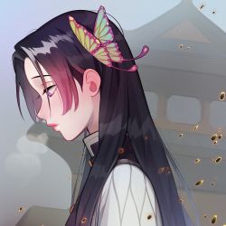 Rule 34 | 1girl, black hair, butterfly hair ornament, closed mouth, commentary, english commentary, from side, gradient hair, hair ornament, highres, kimetsu no yaiba, kochou kanae, lavelis, long hair, looking down, multicolored hair, pink hair, pink lips, profile, purple eyes, sad, solo, upper body