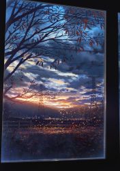 Rule 34 | autumn, autumn leaves, city lights, cityscape, cloud, cloudy sky, cola (gotouryouta), commentary request, dusk, falling leaves, fence, highres, leaf, mountain, mountainous horizon, no humans, original, power lines, scenery, sky, sunset, transmission tower, tree, twilight, wind, window, wooden fence