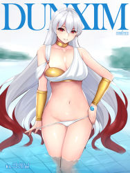 Rule 34 | 1girl, bare shoulders, bikini, breasts, cleavage, collarbone, dungeon and fighter, female slayer (dungeon and fighter), large breasts, long hair, looking at viewer, mismatched bikini, navel, red eyes, red hair, shaojiang, smile, solo, swimsuit, very long hair, wading, white bikini, white hair