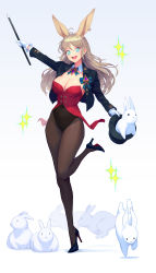 Rule 34 | + +, 1girl, absurdres, animal ears, black pantyhose, blonde hair, blue eyes, breasts, brushdog, cabbie hat, cleavage, commentary, cylinder, detached collar, fake animal ears, gloves, hat, high heels, highres, holding, holding clothes, holding hat, jacket, leotard, long hair, magician, open mouth, original, pantyhose, playboy bunny, rabbit, rabbit ears, unworn hat, unworn headwear, white gloves