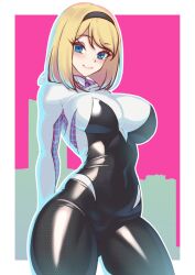 Rule 34 | 1girl, arms behind back, black hairband, blonde hair, blue eyes, blush, bodysuit, border, breasts, closed mouth, commentary, covered navel, cowboy shot, eyelashes, gwen stacy, hairband, large breasts, long hair, marvel, multicolored bodysuit, multicolored clothes, smile, solo, spider-gwen, spider-man (series), spider web print, volyz, white border