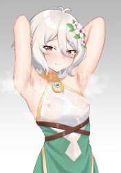 Rule 34 | 1girl, armpits, arms up, blush, closed mouth, covered erect nipples, cum, cum on armpits, cum on body, cum on clothes, cum on hair, dress, facial, female focus, flower, furrowed brow, grey background, hair flower, hair ornament, highres, kokkoro (princess connect!), looking at viewer, m kong, paid reward available, princess connect!, red eyes, see-through, short hair, simple background, sleeveless, sleeveless dress, smile, solo, standing, sweat, sweaty clothes, upper body, white hair
