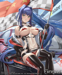 Rule 34 | 1girl, bare shoulders, bikini, black gloves, black thighhighs, blue hair, cuboon, evertale, flag, gloves, green eyes, highres, holding, holding flag, long hair, looking at viewer, ludmilla (evertale), micro bikini, navel, official art, parted lips, ponytail, race queen, red bikini, see-through, sitting, solo, sweat, swimsuit, thighhighs, very long hair