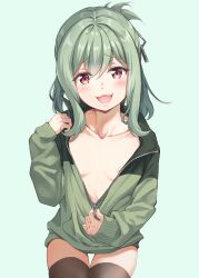 Rule 34 | 1boy, :3, absurdres, androgynous, black thighhighs, blush, clothes pull, collarbone, green background, green jacket, grey hair, highres, jacket, jacket pull, long hair, looking at viewer, male focus, nipple slip, nipples, open clothes, open jacket, open mouth, otori-tan, partially unzipped, pulling own clothes, red eyes, sayuuiede, seitokai nimo anawa aru!, simple background, solo, thighhighs, trap, unzipping, zettai ryouiki
