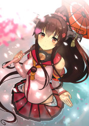 Rule 34 | 10s, 1girl, bad id, bad pixiv id, breasts, brown eyes, brown hair, ccaw, cherry blossoms, female focus, flower, hair flower, hair ornament, highres, kantai collection, large breasts, long hair, miniskirt, oil-paper umbrella, pleated skirt, ponytail, skirt, smile, solo, umbrella, yamato (kancolle)