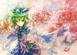Rule 34 | 1girl, :/, bad id, bad pixiv id, flower, green eyes, green hair, hat, lakestep55, looking at viewer, matching hair/eyes, md5 mismatch, shiki eiki, short hair, solo, touhou, traditional media, wide sleeves