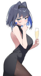 Rule 34 | 1girl, absurdres, alcohol, backless dress, backless outfit, bare shoulders, black dress, black hair, black hairband, black pantyhose, blue bow, blue eyes, blue hair, blush, bow, bow earrings, breasts, champagne, champagne flute, closed mouth, colored inner hair, cowboy shot, cup, dress, drink, drinking glass, earrings, from side, hair flaps, hairband, hand on own chin, highres, hiroikara (smhong04), holding, holding drink, hololive, hololive english, jewelry, large breasts, looking at viewer, medium hair, multicolored hair, ouro kronii, pantyhose, simple background, sleeveless, sleeveless dress, solo, virtual youtuber, white background