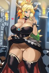 Rule 34 | 1girl, absurdres, amano cigusa, armlet, bare shoulders, black dress, black thighhighs, blonde hair, blue eyes, bow, bowsette, bracelet, breasts, cellphone, cleavage, cleft of venus, clothes lift, collar, commentary request, crown, curvy, dress, dress lift, english text, goomba, heart, highres, horns, huge breasts, jewelry, mario (series), nail polish, new super mario bros. u deluxe, nintendo, no panties, open mouth, panties, phone, pussy, see-through, selfie, smartphone, solo, solo focus, spiked bracelet, spiked collar, spikes, super crown, thick thighs, thighhighs, thighs, turtle shell, underwear, wide hips