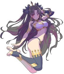 Rule 34 | 1girl, absurdres, anklet, arched back, arm up, armlet, asymmetrical legwear, asymmetrical sleeves, bare shoulders, bikini, black bikini, black thighhighs, blush, breasts, brown hair, cleavage, commentary request, crown, detached collar, detached sleeves, earrings, elbow gloves, fate/grand order, fate (series), feet, floating, gloves, hair spread out, hand on own head, highres, hoop earrings, ishtar (fate), jewelry, long hair, looking at viewer, medium breasts, navel, neck ring, parted bangs, red eyes, revealing clothes, shadow, simple background, single detached sleeve, single elbow glove, single thighhigh, solo, stirring, strapless, swimsuit, thighhighs, tiara, toeless legwear, toes, tube top, uneven legwear, uneven sleeves, very long hair, white background, yamashita shun&#039;ya