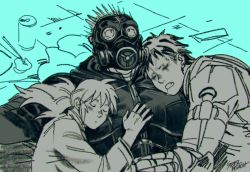 Rule 34 | 1girl, 2boys, bad id, bad pixiv id, blush, caiman (dorohedoro), dorohedoro, drooling, gas mask, hand on another&#039;s chest, jacket, looking up, mask, multiple boys, multiple monochrome, muscular, muscular male, nikaidou (dorohedoro), open mouth, pectoral pillow, risu (dorohedoro), sandwiched, short hair, sleeping, sleeping on person, spikes, steel peach