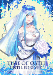 Rule 34 | 1girl, absurdres, bare shoulders, blue hair, blush, bouquet, breasts, bridal veil, bride, cleavage, collarbone, dress, echj, floral background, flower, girls&#039; frontline, gloves, green eyes, hair flower, hair ornament, highres, hk416 (girls&#039; frontline), large breasts, long hair, looking at viewer, open mouth, simple background, smile, solo, veil, wedding, wedding dress, wreath