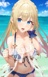 Rule 34 | 1girl, :d, bare shoulders, bikini, blonde hair, blue bikini, blue eyes, blue nails, breasts, cleavage, collarbone, cowboy shot, day, frilled bikini, frills, front-tie bikini top, front-tie top, furuse riff, halterneck, hand up, highres, indie virtual youtuber, large breasts, long hair, looking at viewer, nail polish, navel, ocean, off shoulder, open mouth, outdoors, scrunchie, second-party source, see-through, smile, solo, standing, stomach, string bikini, swimsuit, virtual youtuber, wet, wrist scrunchie, xkirara39x