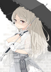 Rule 34 | 1girl, aka ringo, black umbrella, breasts, brown eyes, cleavage, commentary, conte di cavour (kancolle), dress, frilled dress, frills, gloves, grey hair, hair between eyes, highres, holding, holding umbrella, kantai collection, lace, large breasts, long hair, parasol, simple background, smile, solo, umbrella, white dress, white gloves