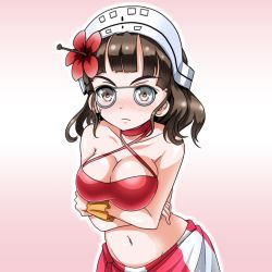 Rule 34 | 10s, 1girl, blunt bangs, blush, breast hold, breasts, brown eyes, brown hair, collarbone, criss-cross halter, eyewear strap, female focus, flower, glasses, gradient background, hair flower, hair ornament, halterneck, headdress, hibiscus, highres, kantai collection, large breasts, looking at viewer, navel, outline, pince-nez, pink background, roma (kancolle), short hair, solo, tk8d32, upper body, wavy hair, white background
