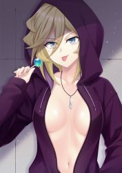 Rule 34 | 1girl, :p, aged up, blonde hair, blue eyes, breasts, candy, carol malus dienheim, food, highres, hood, hood up, hoodie, jewelry, large breasts, lollipop, long hair, looking at viewer, miona yui, mole, mole under eye, naked hoodie, navel, necklace, open clothes, open hoodie, purple hoodie, senki zesshou symphogear, shiny skin, smile, solo, tongue, tongue out