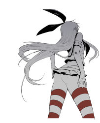 Rule 34 | 10s, 1girl, ass, bad id, bad pixiv id, butt crack, from behind, from below, harano, kantai collection, long hair, miniskirt, monochrome, shimakaze (kancolle), simple background, skirt, solo, striped clothes, striped thighhighs, thighhighs, very long hair, white background