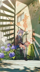 Rule 34 | 1girl, absurdres, animal ears, arknights, bear ears, bear girl, blue eyes, blue flower, blue hair, blue neckwear, blue skirt, book, braid, brown footwear, brown jacket, building, commentary request, flower, hair ornament, hat, highres, hydrangea, istina (arknights), jacket, looking at viewer, monocle, sitting, sitting on stairs, skirt, solo, spiral staircase, stairs, star (symbol), star hair ornament, white legwear, zhuang yao