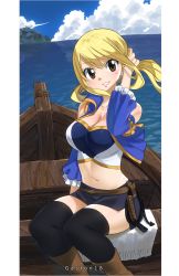 Rule 34 | 1girl, artist name, bare shoulders, belt, blonde hair, blue sky, blush, boat, boots, breasts, brown eyes, cleavage, cloud, collarbone, detached sleeves, earrings, facing viewer, fairy tail, floating hair, gaston18, hand in own hair, hand up, happy, highres, island, jacket, jewelry, large breasts, long hair, looking at viewer, lucy heartfilia, midriff, mountain, navel, on water, outdoors, parted lips, sitting, skirt, sky, smile, solo, teeth, thighhighs, vest, water, watercraft, weapon, whip, wind