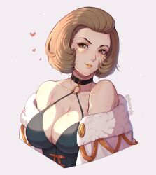 Rule 34 | 1girl, bare shoulders, black dress, blush, breasts, brown eyes, brown hair, cleavage, coat, collarbone, commentary, commission, cropped torso, dress, english commentary, evomanaphy, eyeshadow, fire emblem, fire emblem: three houses, fur coat, heart, highres, large breasts, lips, looking at viewer, makeup, manuela casagranda, mole, mole on breast, mole under eye, multiple moles, nintendo, off shoulder, orange eyeshadow, orange lips, short hair, simple background, solo, twitter username, white coat