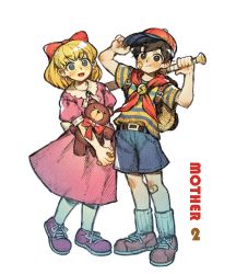 Rule 34 | 1boy, 1girl, 9twoeight, adjusting clothes, adjusting headwear, backpack, bag, bandaid, bandaid on face, baseball cap, black hair, blonde hair, blue eyes, blush, bow, closed mouth, full body, hair bow, hat, highres, holding, holding stuffed toy, looking at viewer, mother (game), mother 2, ness (mother 2), nintendo, open mouth, paula (mother 2), red bow, red footwear, red headwear, shirt, shoes, short hair, short sleeves, simple background, smile, sneakers, socks, striped clothes, striped shirt, stuffed animal, stuffed toy, teddy bear, white background, white socks