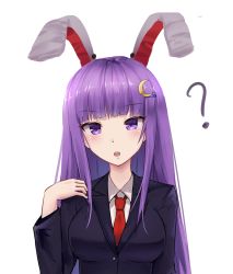 Rule 34 | 1girl, ?, alternate costume, animal ears, blunt bangs, blush, breasts, collar, cosplay, danraz0r, highres, long hair, looking at viewer, medium breasts, necktie, open mouth, patchouli knowledge, purple eyes, purple hair, rabbit ears, red necktie, reisen udongein inaba, reisen udongein inaba (cosplay), school uniform, simple background, solo, spoken question mark, touhou, upper body, very long hair, white background