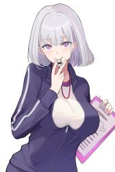 Rule 34 | 1girl, absurdres, blue jacket, breasts, clipboard, commentary, girls&#039; frontline, grey hair, gym shirt, hand up, highres, jacket, looking at viewer, medium breasts, mouth hold, nail polish, pink nails, purple eyes, rpk-16 (girls&#039; frontline), shirt, simple background, solo, track jacket, upper body, whistle, white background, white shirt, yotsuyama (yomo8ama)