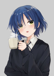 Rule 34 | 1girl, :d, black shirt, blue hair, blush, bocchi the rock!, cup, grey background, hair ornament, hairclip, highres, holding, holding cup, long sleeves, looking at viewer, mole, mole under eye, mug, nyagonya21, open mouth, shirt, simple background, smile, solo, steam, upper body, yamada ryo