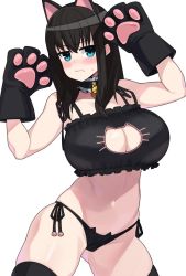 Rule 34 | 1girl, animal ears, animal hands, bell, black thighhighs, blue eyes, blush, bra, breasts, cat cutout, cat lingerie, choker, cleavage, cleavage cutout, closed mouth, clothing cutout, collar, cowboy shot, embarrassed, fake animal ears, frilled bra, frills, full-face blush, gloves, highres, huge breasts, jingle bell, lingerie, long hair, looking at viewer, meme attire, navel, neck bell, omizu (h2o), original, panties, paw gloves, side-tie panties, simple background, solo, stomach, sweatdrop, thighhighs, turning head, underwear, white background