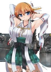 Rule 34 | 1girl, boots, breasts, brown hair, cannon, commentary request, cowboy shot, detached sleeves, flipped hair, green skirt, hairband, headgear, hiei (kancolle), highres, kantai collection, large breasts, looking at viewer, machinery, purple eyes, ribbon-trimmed sleeves, ribbon trim, short hair, simple background, skirt, solo, thigh boots, tokihama jirou, turret, white background