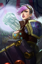 Rule 34 | 1girl, armor, black hair, blue eyes, breasts, cleavage, ear piercing, earrings, gauntlets, goggles, goggles on head, graffiti, highres, jewelry, large breasts, league of legends, multicolored hair, nose piercing, nose stud, orenji-kun, piercing, pink hair, short hair, shoulder armor, tattoo, vi (league of legends), weapon