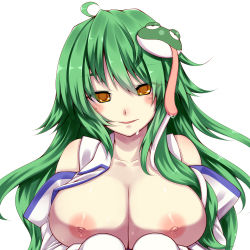 Rule 34 | 1girl, ahoge, bare shoulders, blush, breasts, brown eyes, detached sleeves, female focus, frog, frog hair ornament, green hair, hair ornament, kochiya sanae, large breasts, long hair, looking at viewer, md5 mismatch, nipples, no bra, open clothes, open shirt, resolution mismatch, saliva, shirt, simple background, smile, solo, source larger, tongue, touhou, tro (trombe), upper body, white background, yellow eyes