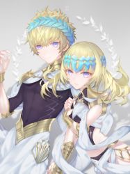 Rule 34 | 1boy, 1girl, arm hug, armlet, armor, black shirt, blonde hair, blue eyes, bracer, breasts, bridal gauntlets, brother and sister, castor (fate), closed mouth, collar, covered navel, diadem, endlessfalling, fate/grand order, fate (series), gradient background, grey background, looking at viewer, medium hair, metal collar, open mouth, pauldrons, pollux (fate), robe, sash, shirt, short hair, shoulder armor, siblings, small breasts, smile, twins, white robe