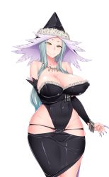 Rule 34 | 1girl, bare shoulders, blue hair, bracelet, breast hold, breasts, cleavage, covered erect nipples, curvy, dress, elbow gloves, facial mark, fingernails, futanari elf kaikan choukyou, gloves, groin, hat, huge breasts, jewelry, legs, long fingernails, long hair, looking at viewer, nail polish, oohara kyuutarou, simple background, smile, solo, standing, strapless, thick thighs, thighs, white background, wide hips, yellow eyes