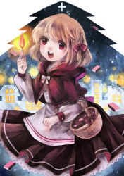 Rule 34 | 1girl, basket, blonde hair, cross, dress, facing away, faux traditional media, fire, hair ribbon, highres, layered dress, little match girl, long sleeves, matchbox, matches, open mouth, parody, pinky out, red eyes, ribbon, rumia, sanso, shawl, short hair, sky, solo, star (sky), starry sky, touhou, town