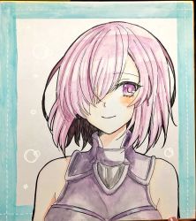 Rule 34 | 1girl, armor, bare shoulders, blush, closed mouth, commentary, fate/grand order, fate (series), gorget, hair over one eye, looking at viewer, mash kyrielight, one eye covered, photo (medium), purple eyes, purple hair, short hair, sleeveless, smile, solo, tanaji, traditional media, upper body