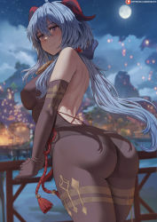 1girl ass black_bodysuit black_gloves blue_hair bodysuit breasts closed_mouth cloud elbow_gloves full_moon ganyu_(genshin_impact) genshin_impact gloves goat_horns highres horns long_hair looking_at_viewer medium_breasts moon night night_sky pantyhose shexyo sky smile solo