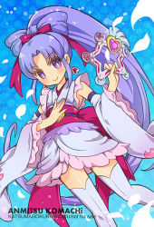 Rule 34 | 10s, 1girl, alternate form, blue background, blush, bow, bow-shaped hair, cure fortune, cure fortune (anmitsu komachi), detached sleeves, earrings, english text, fortune tambourine, frills, hair bow, hair bun, happinesscharge precure!, hikawa iona, japanese clothes, jewelry, katsuma rei, long hair, magical girl, no nose, ponytail, precure, purple eyes, purple hair, single hair bun, skirt, smile, solo, thighhighs, white thighhighs, wide ponytail
