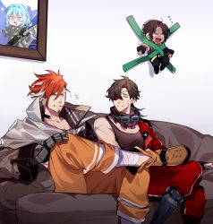 Rule 34 | +++, 3boys, alchemy stars, bandaged leg, bandages, bandana, black coat, blank eyes, brock (alchemy stars), brown hair, chibi, coat, couch, crossed legs, eucild, eyepatch, facial hair, flying sweatdrops, goatee, goggles, goggles around neck, headband, jitome, jumpsuit, long hair, male focus, mechanical arms, mechanical legs, meme, mini person, miniboy, mouth hold, multicolored hair, multiple boys, orange pants, pants, portrait, prosthesis, prosthetic arm, red hair, roy (alchemy stars), scar, scar on arm, short hair, single mechanical arm, single mechanical leg, sinsa (alchemy stars), sitting, stubble, sweatdrop, tank top, tape, teeth, teeth hold, toothpick, turn pale, two-tone hair, v-shaped eyebrows, zeta (alchemy stars)