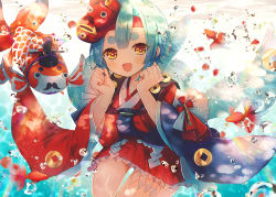 Rule 34 | 1girl, :d, abandon ranka, blue hair, blush, brown eyes, bubble, eyebrows, fish, goldfish, headband, kingyohime, mask, mask on head, onmyoji, open mouth, parted bangs, smile, solo, thigh strap, underwater, wide sleeves