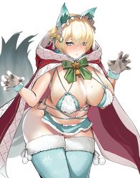 Rule 34 | 1girl, absurdres, animal ears, bad id, bad pixiv id, bikini, blonde hair, blue bikini, blue thighhighs, breasts, cape, fake animal ears, fur-trimmed bikini, fur-trimmed gloves, fur-trimmed legwear, fur trim, girls&#039; frontline, gloves, green eyes, highres, hood, hooded cape, huge filesize, large breasts, loveu, mole, mole on breast, mole under eye, official alternate costume, red cape, revealing clothes, short hair, solo, swimsuit, thighhighs, vsk-94 (christmas eve detective) (girls&#039; frontline), vsk-94 (girls&#039; frontline)