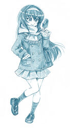 Rule 34 | 1girl, bag, bbb (friskuser), blue theme, buttons, carrying, closed mouth, commentary, double-breasted, food, fringe trim, full body, girls und panzer, green skirt, hairband, hand in pocket, highres, holding, holding food, holding popsicle, jacket, loafers, long hair, looking to the side, miniskirt, monochrome, ooarai school uniform, pleated skirt, popsicle, reizei mako, sailor collar, scarf, school bag, school uniform, shoes, skirt, smile, socks, solo, standing, sweater, traditional media, winter uniform