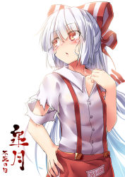 Rule 34 | 1girl, blunt bangs, blush, bow, collarbone, dress shirt, fujiwara no mokou, hair bow, hand on own hip, long hair, looking away, ofuda, ofuda on clothes, parted lips, red eyes, shirt, solo, sunlight, suspenders, sweat, torn clothes, torn sleeves, touhou, translation request, umarutsufuri, upper body, very long hair, white hair, white shirt